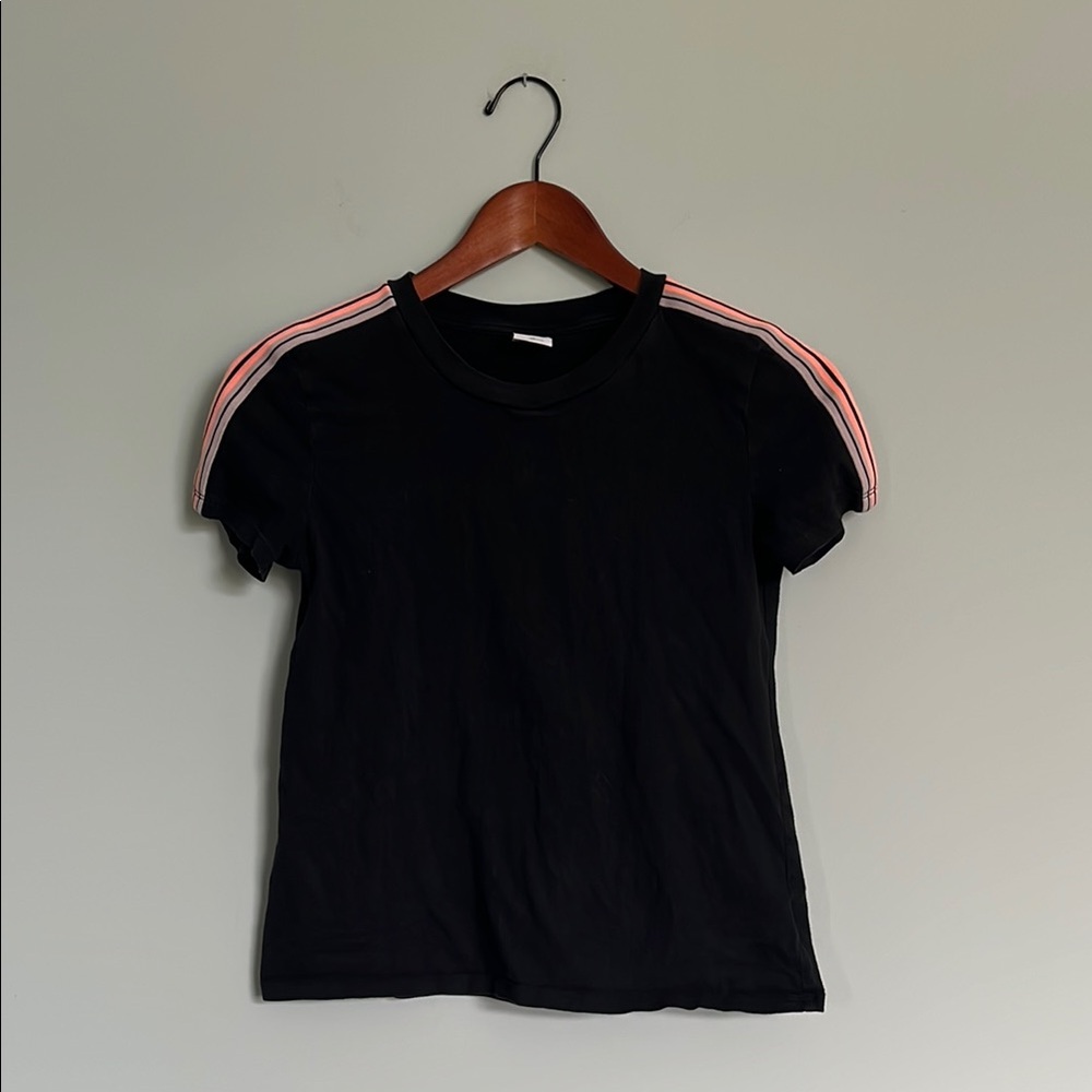Aritzia TNA Black Crewneck T-Shirt with Pink and Orange Stripes Size XS